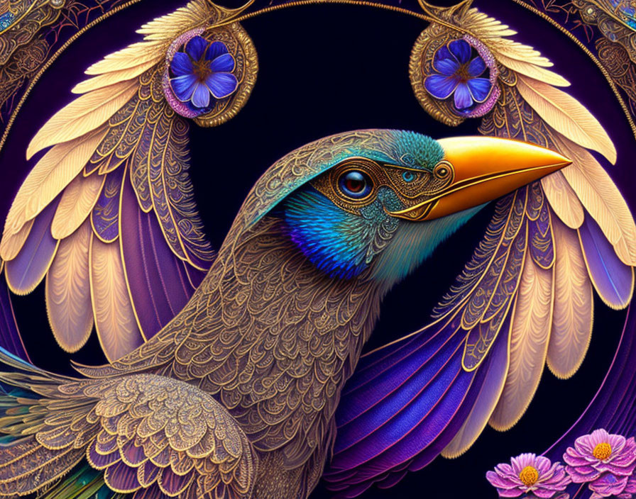 Vibrant bird illustration with intricate patterns on dark background