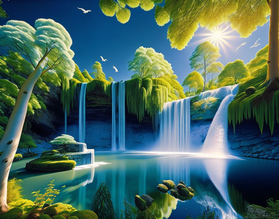 Surreal landscape with dual waterfall, lush trees, and serene lake