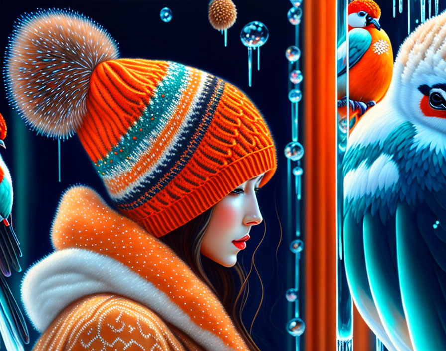 Girl in Orange Striped Hat Watching Birds and Icicles on Snowy Night