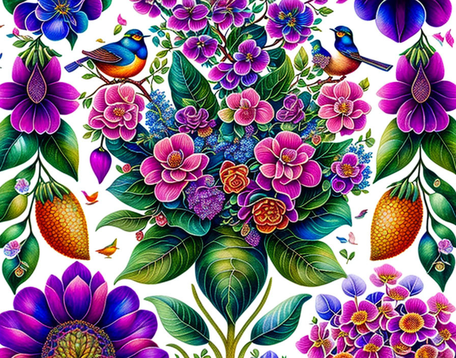 Colorful Floral Illustration with Birds and Butterfly