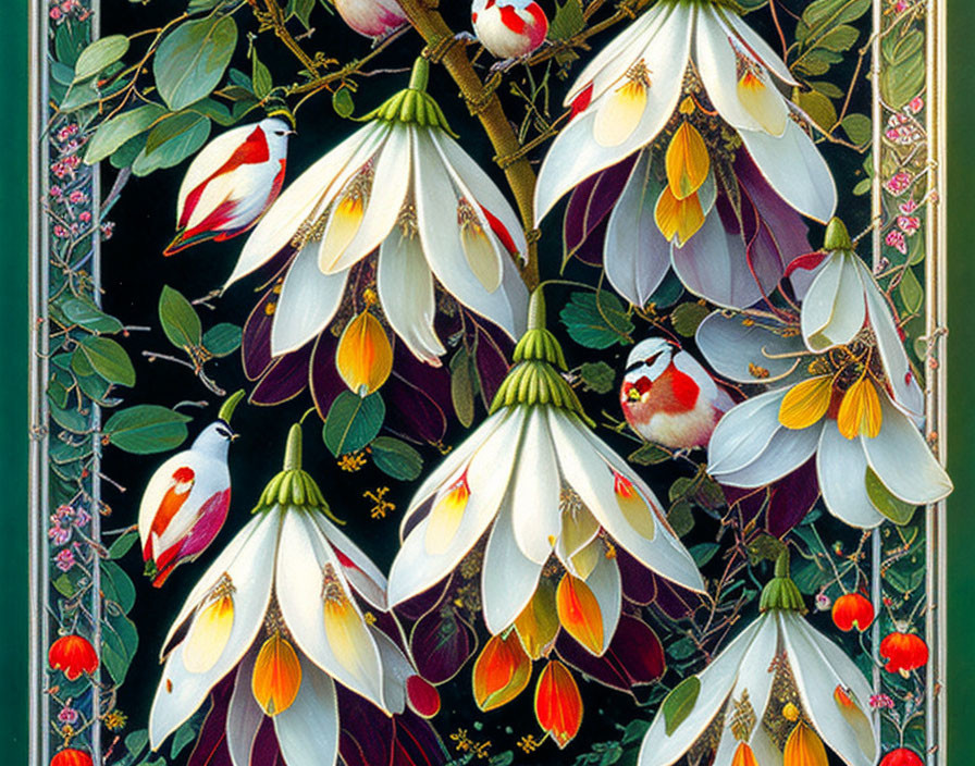 Detailed botanical illustration of white flowers with yellow and orange centers, greenery, and red & white birds