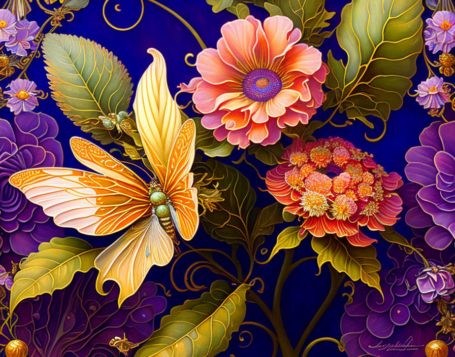 Colorful Butterfly Illustration on Flowers Against Blue Background