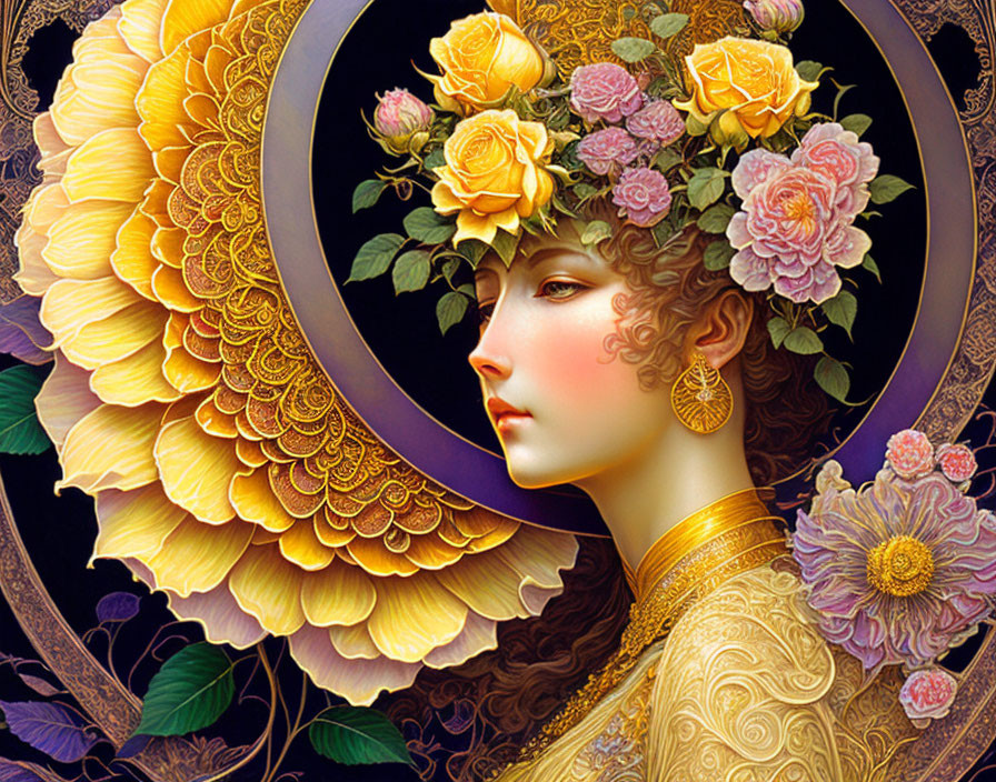 Detailed illustration of a woman with floral headpiece and sunflower halo.
