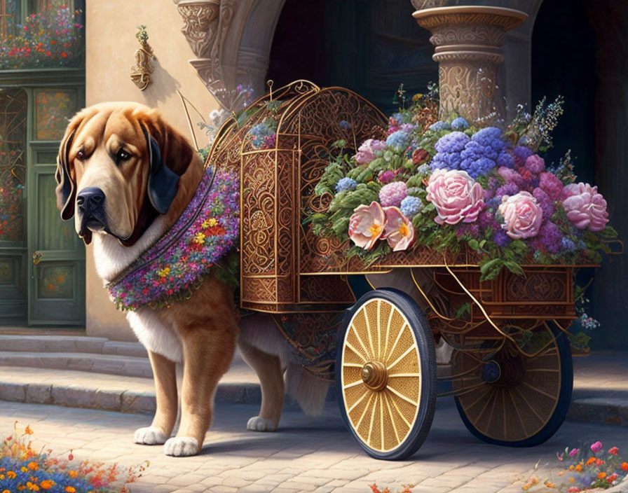 Brown dog with flowers in ornate cart in sunlit courtyard