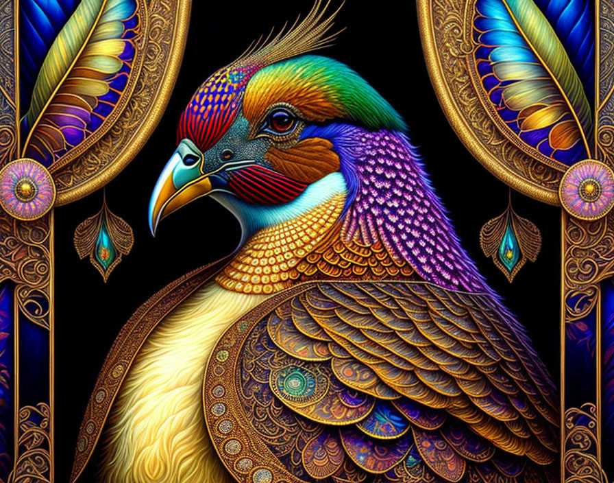 Colorful Peacock Illustration with Intricate Patterns on Dark Background