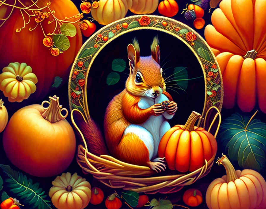 Vivid Illustration: Orange Squirrel in Basket with Pumpkins & Autumn Foliage