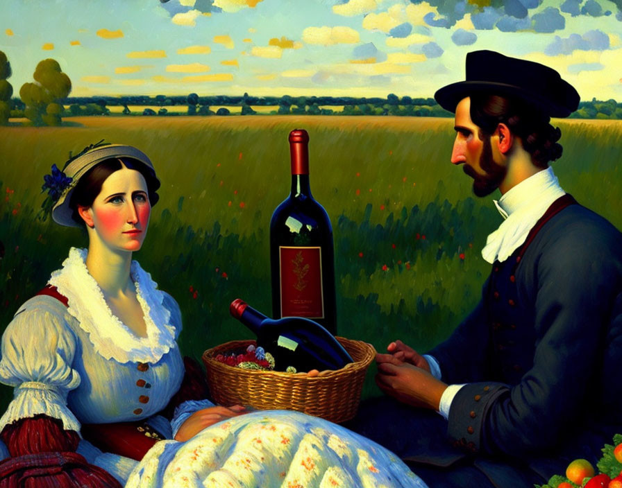 Vintage-style painting of man and woman with picnic basket and wine in pastoral scene