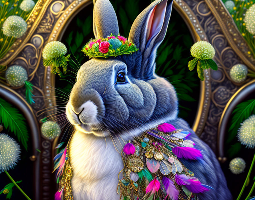 Colorful Illustration of Rabbit with Floral Crown and Jeweled Cape