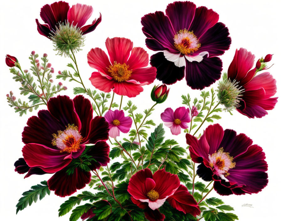 Colorful Red and Burgundy Cosmos Flowers on White Background
