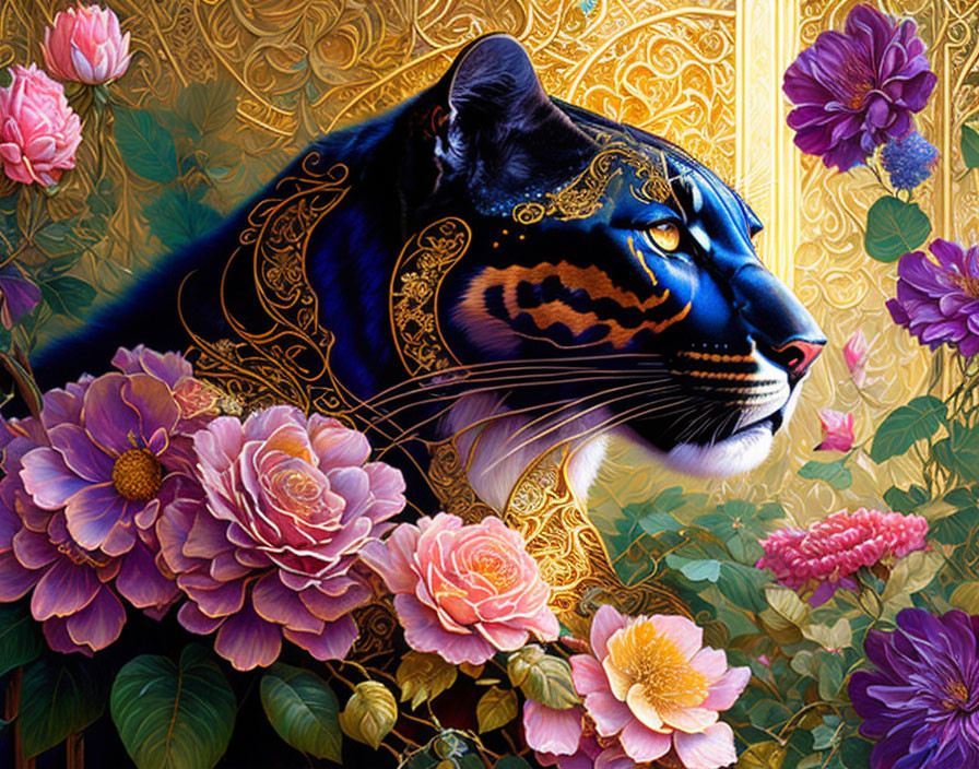 Vivid black panther art with gold patterns and colorful flowers on golden backdrop