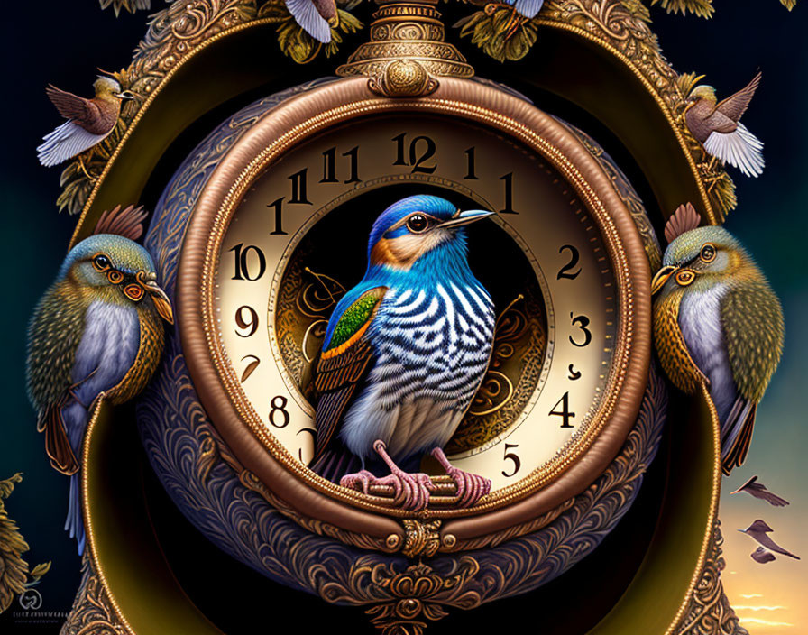Colorful Bird in Clock with Roman Numerals Surrounded by Ornate Details