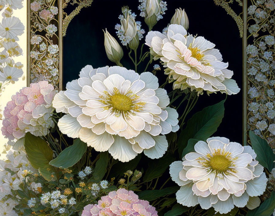 Large white flowers with yellow centers in detailed painting against dark background