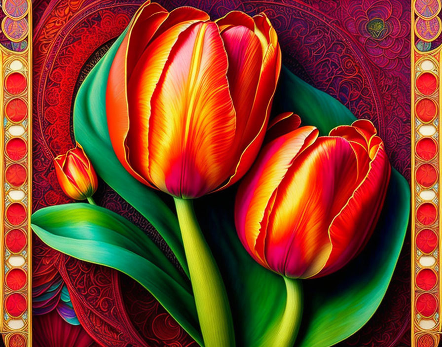 Colorful digital art featuring red and yellow tulips on decorative background