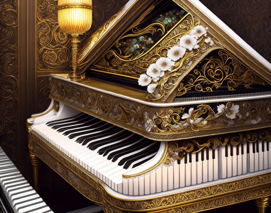 Intricate gold-detailed grand piano with floral patterns and classic lamp on dark background