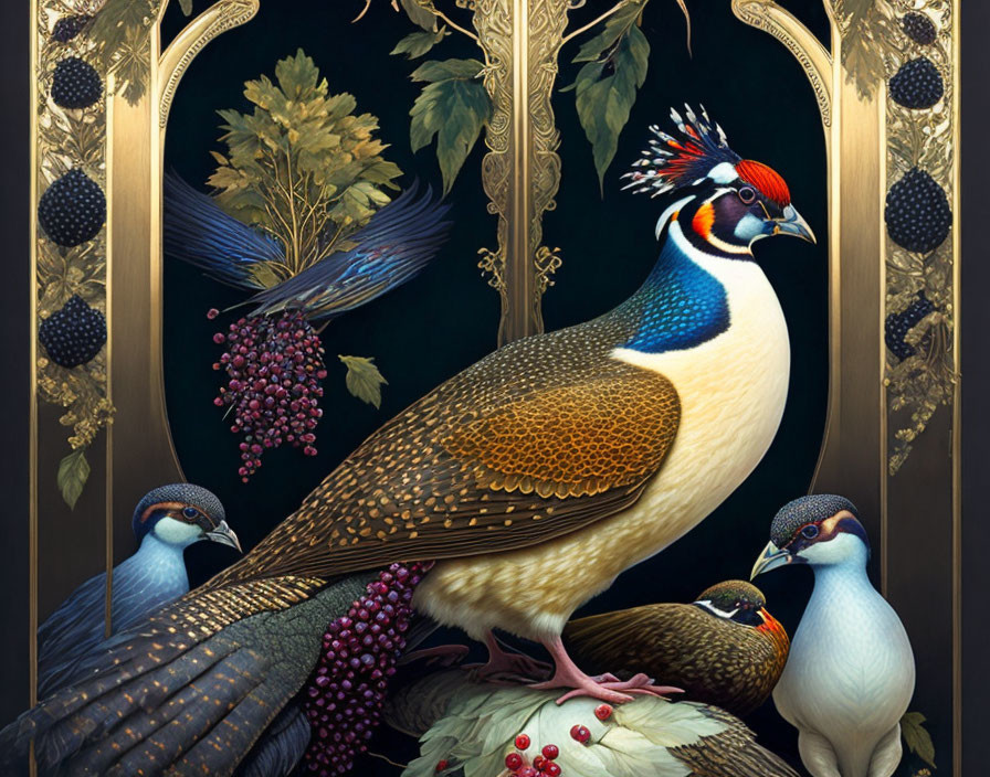 Detailed ornate illustration of four vibrant pheasants amidst foliage and gilded elements