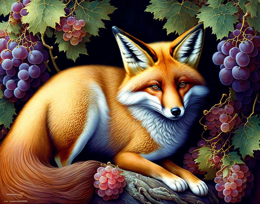 Red Fox Resting among Grapevines and Grapes