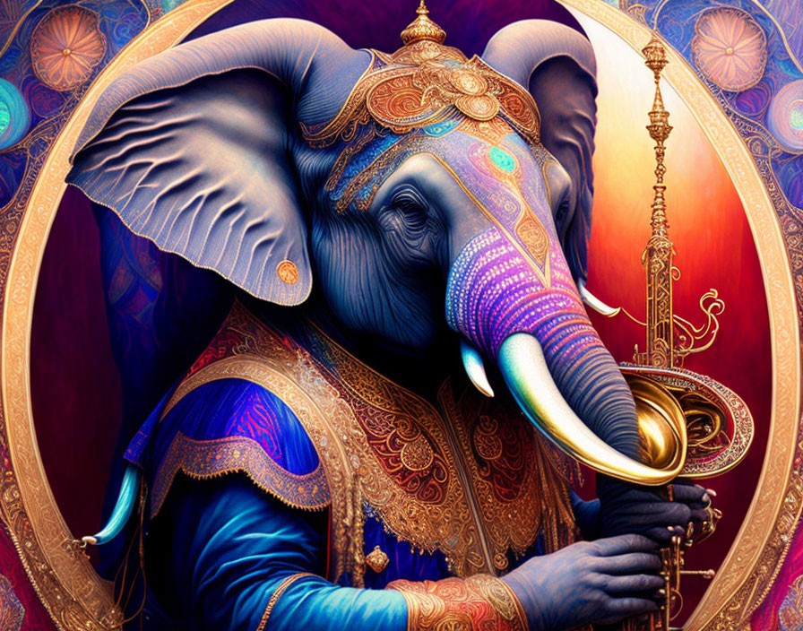 Decorated Blue Elephant with Golden Embellishments on Patterned Background