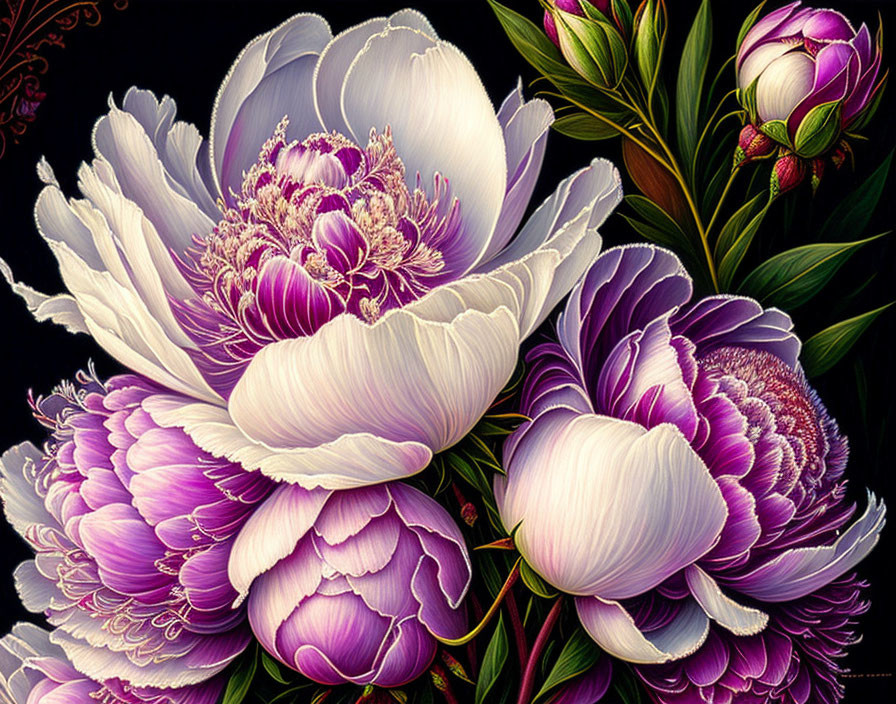 Detailed Illustration of White and Purple Peonies on Dark Background