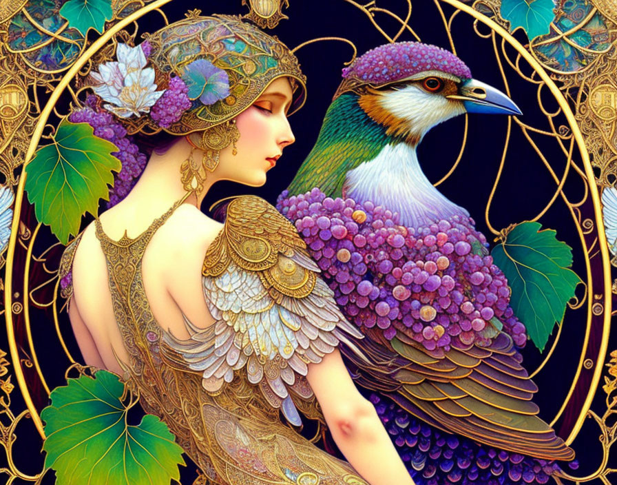 birds with silk wings are pecking at grapes.