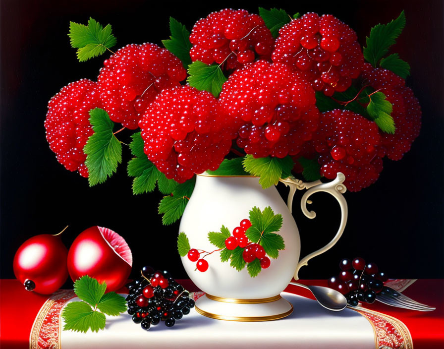 Colorful still life with redcurrants, cherries, blackcurrants, and silver spoons