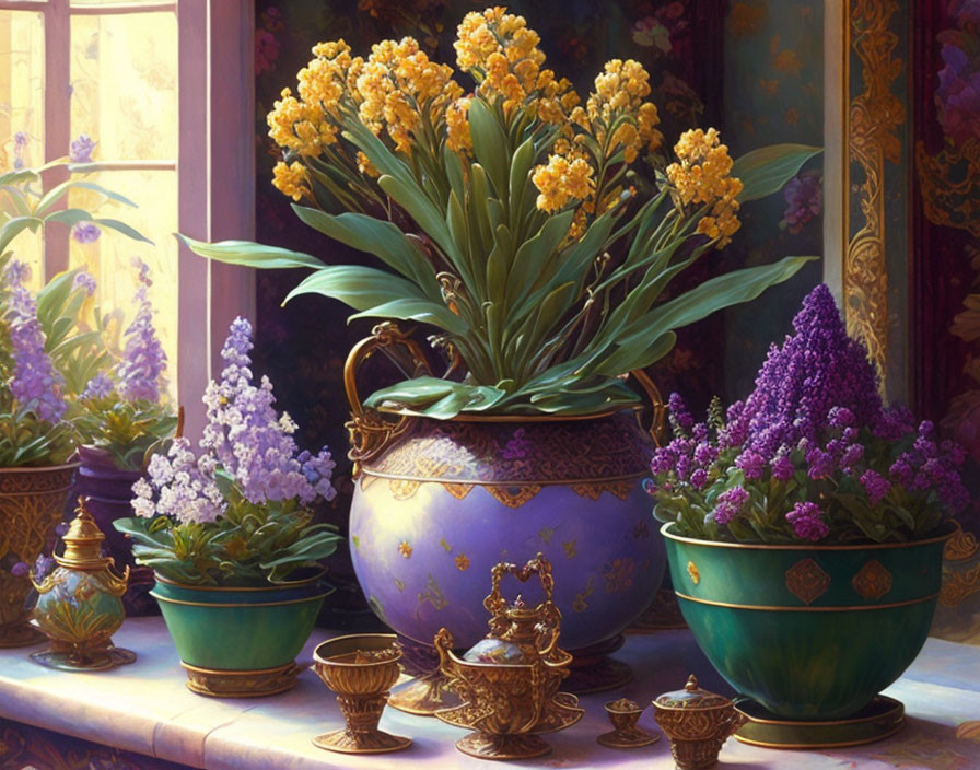 Lush Flowers in Ornate Pots Against Richly Colored Window