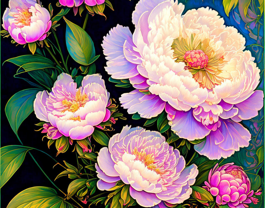 Detailed illustration of blooming peonies on dark background