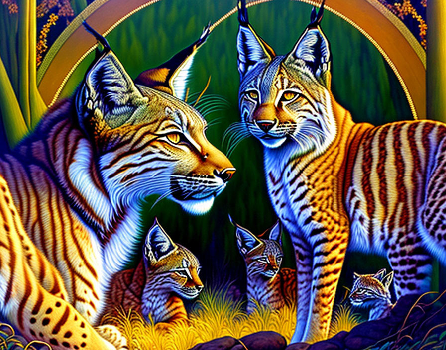 Colorful Lynx Family in Vibrant Forest Setting