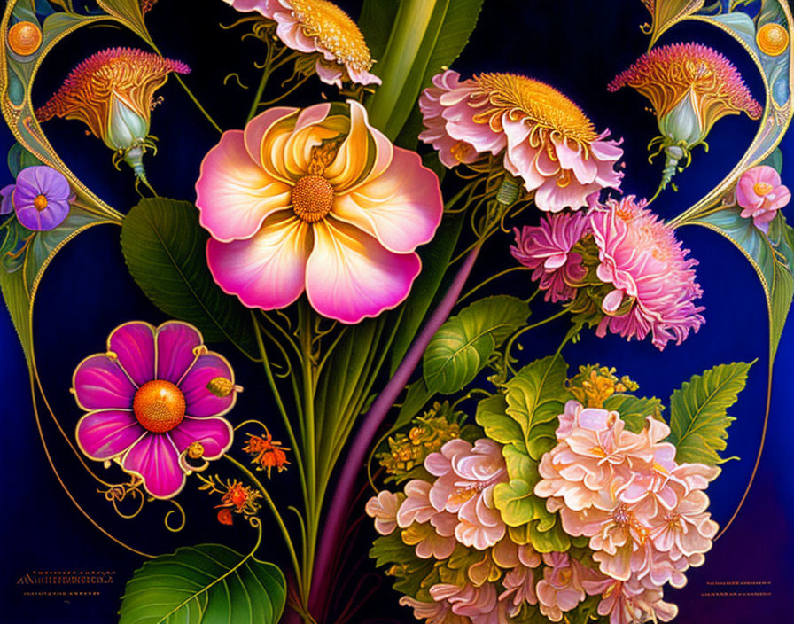 Colorful Floral Illustration in Pink, Orange, and Yellow on Blue Background