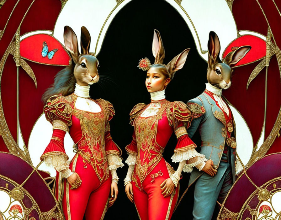 Anthropomorphic rabbits in historical attire against ornate red backdrop