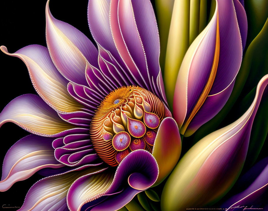 Abstract Floral Digital Artwork in Vibrant Purple and Yellow Hues