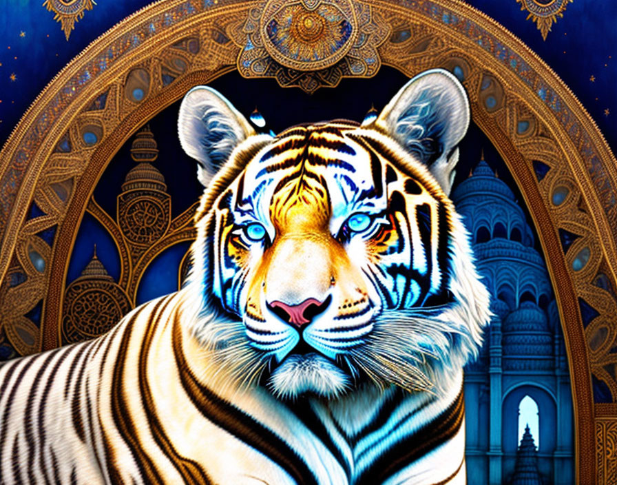 Digital Artwork: White Tiger with Blue Stripes on Mandala Pattern & Indian Palace Background