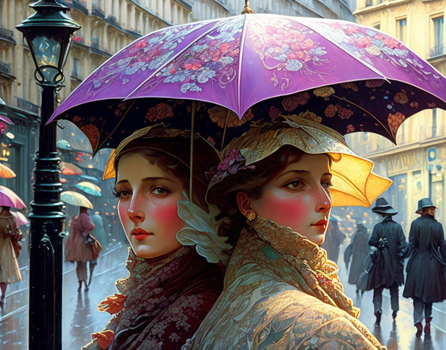 Two women in vintage attire sharing a purple umbrella on a rain-dappled city street