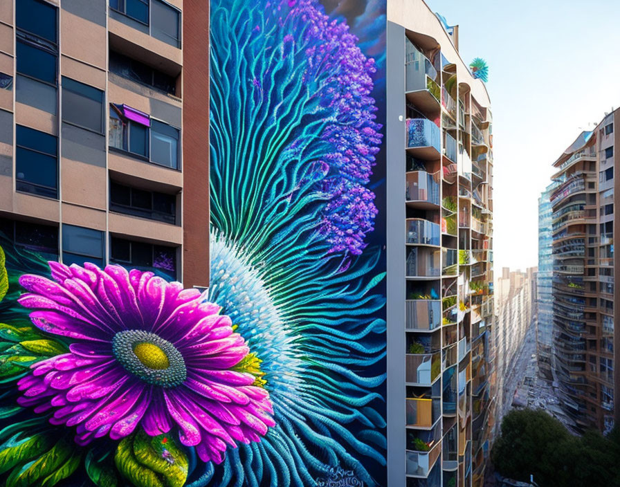 Colorful urban mural: Large purple coral and pink flower between apartment towers