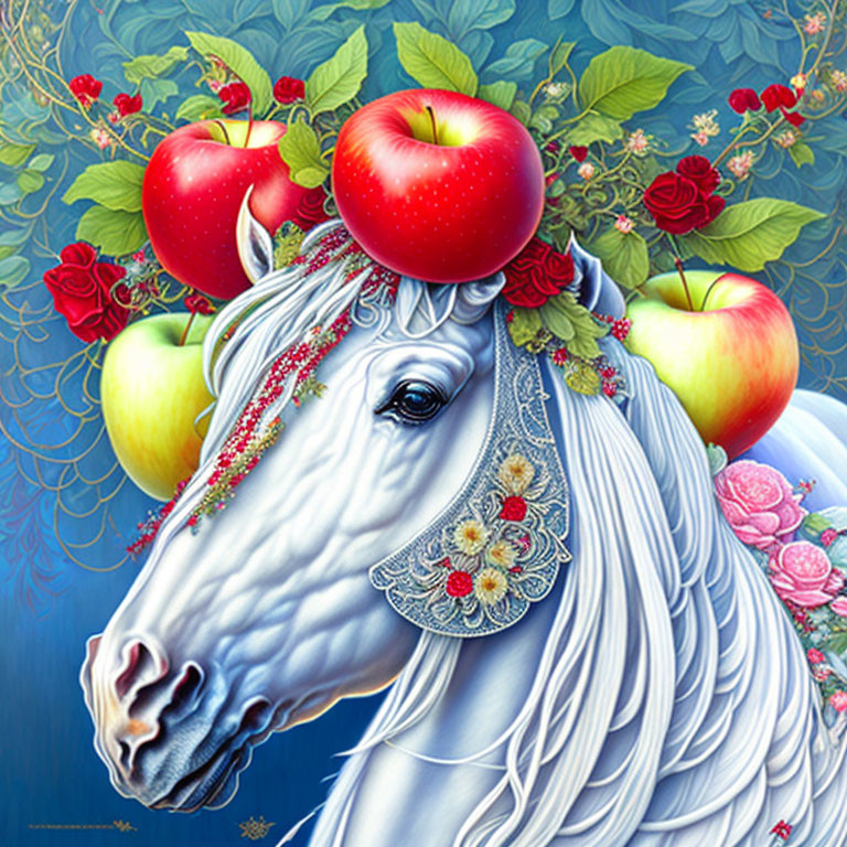 White Horse with Apples and Roses on Blue Background
