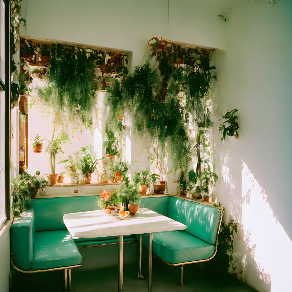 Retro green booth, white table, and lush indoor garden in sunlit corner