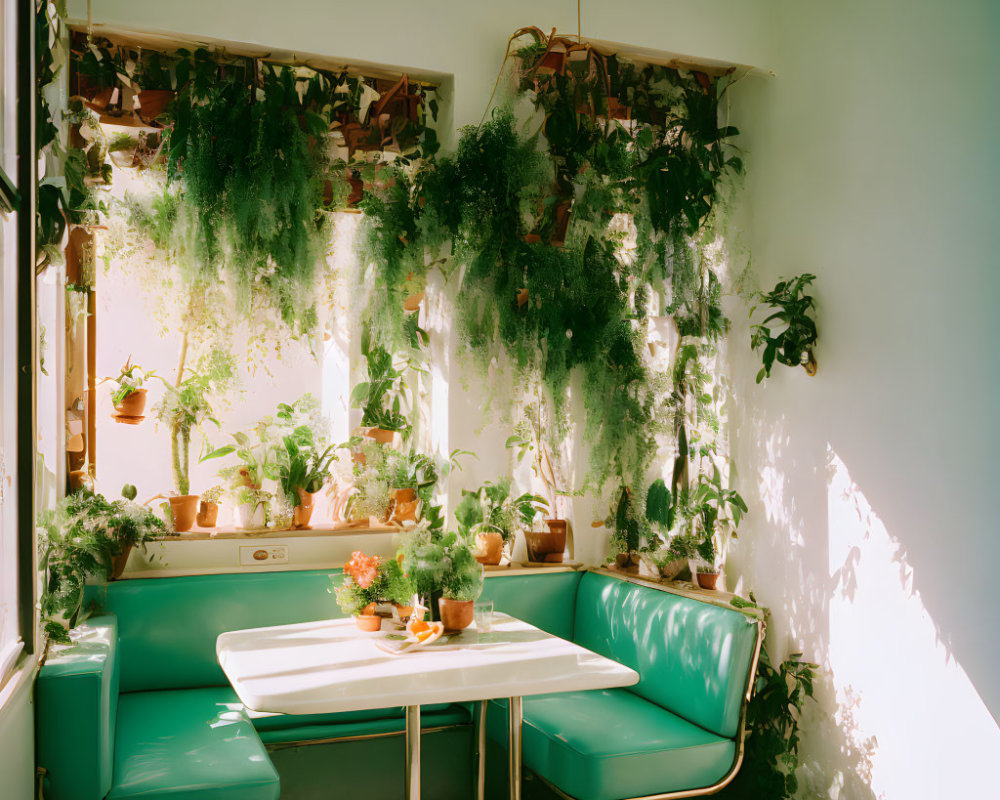 Retro green booth, white table, and lush indoor garden in sunlit corner
