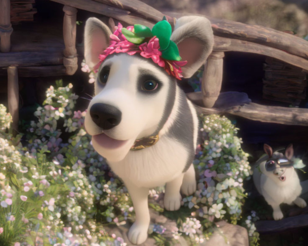 Cartoon dogs with flower wreath among flowers