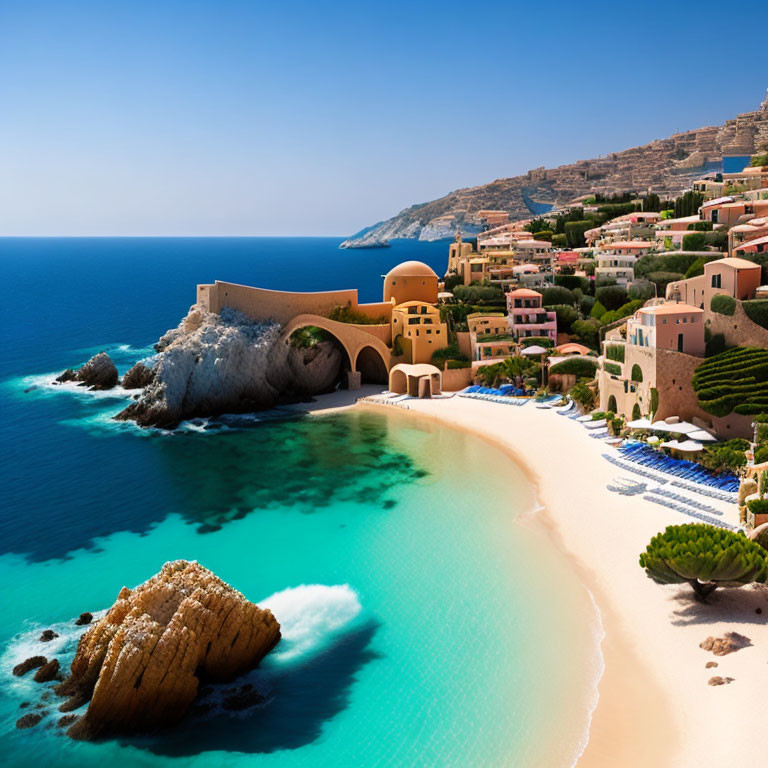 Pastel-colored coastal buildings, sandy beach, turquoise waters, sun loungers, rocky outcrops