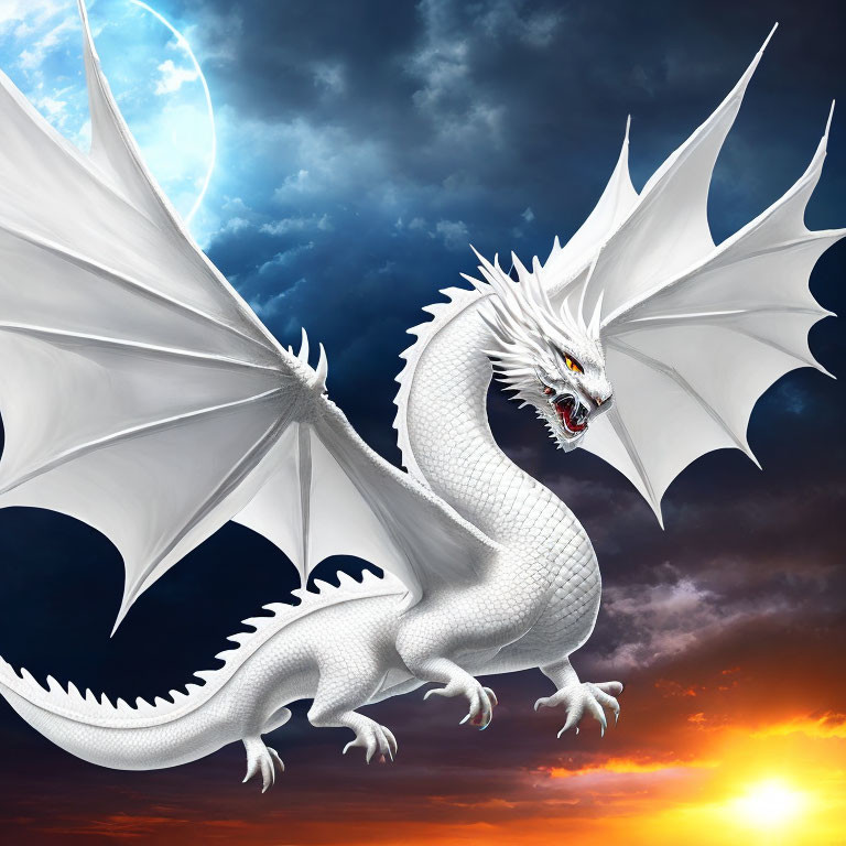 White Dragon with Outstretched Wings in Dramatic Sky with Moon and Sun