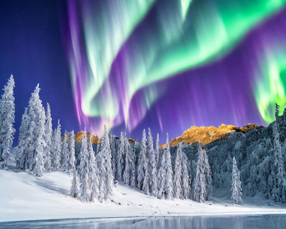 Majestic aurora borealis over snow-covered pines and mountain crest