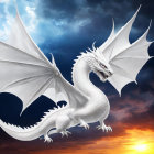 White Dragon with Outstretched Wings in Dramatic Sky with Moon and Sun