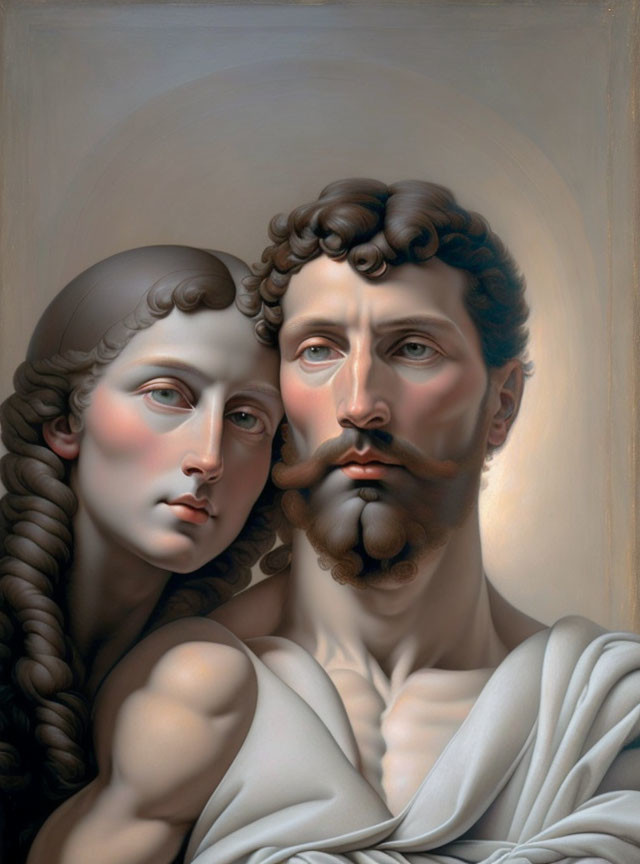 Classical attire woman and man illustration with stylized features.