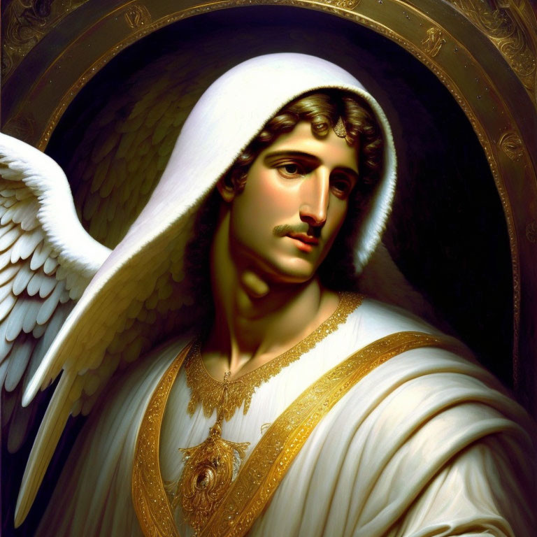 Angelic figure in white robes with gold necklace and large wings on dark haloed background