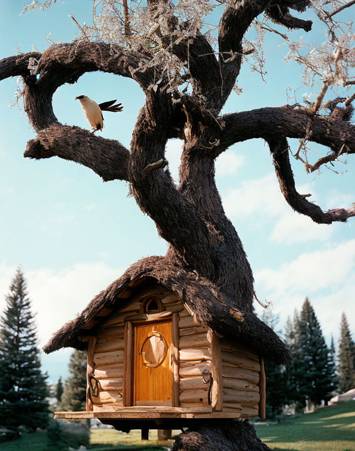 Rounded door wooden treehouse in large tree with white bird