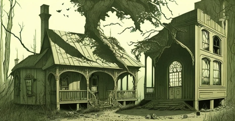 Illustration of whimsical forest houses with porch, fantasy theme