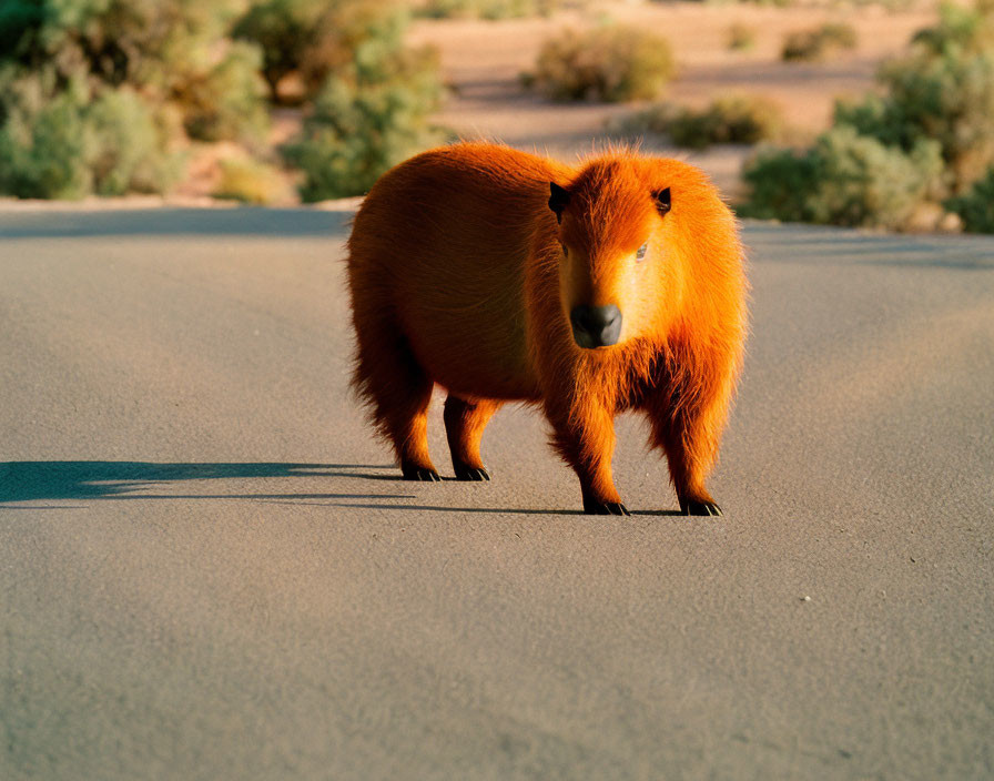 Capybara with lion's mane in nature setting on road