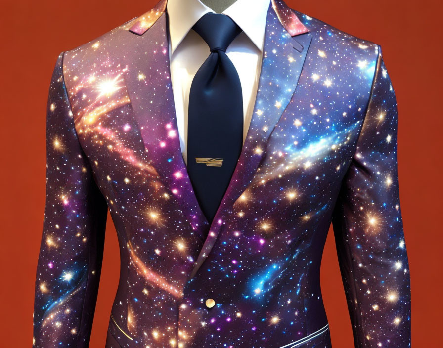 Galaxy-themed suit jacket with cosmic print, dark blue tie, and golden lapel pin on orange
