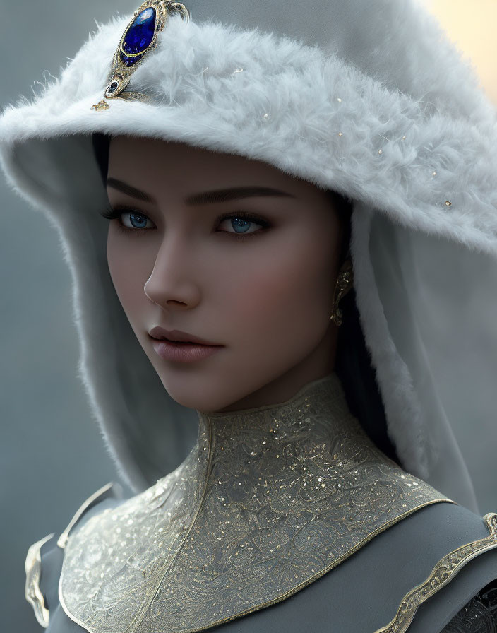 Detailed digital portrait of woman with blue eyes, white fur hat, gold gem, and silver-patterned
