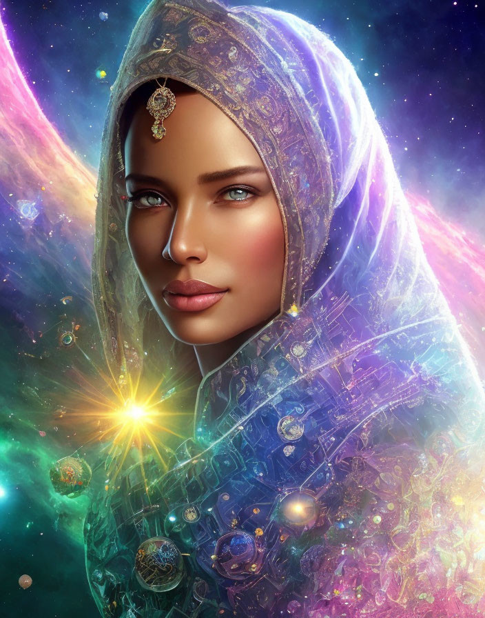 Digital artwork of woman with cosmic elements and starry veil against space background
