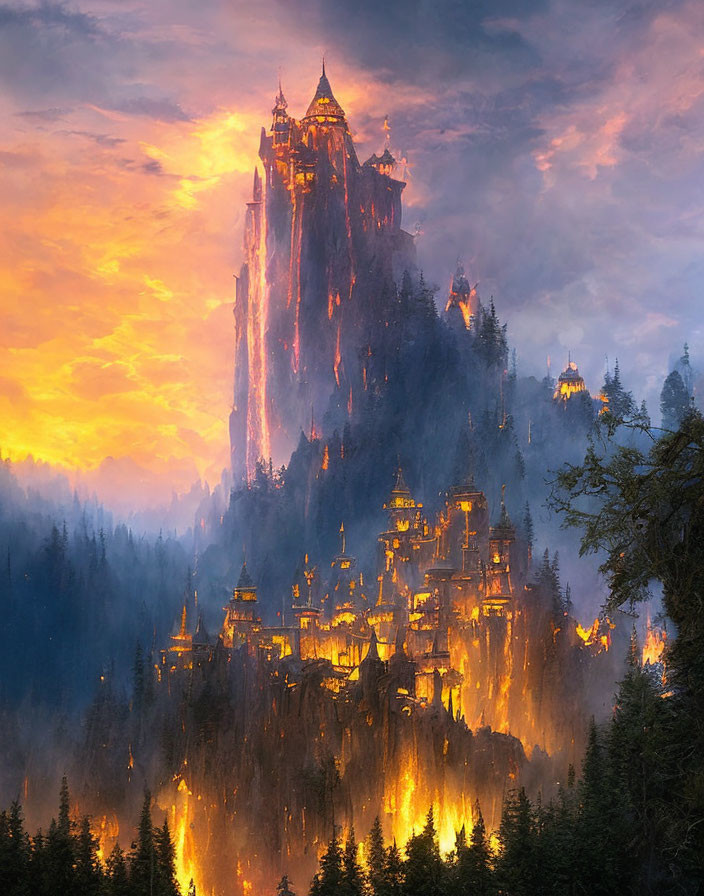 Majestic fantasy castle on mountain peak with golden clouds and forest at dusk